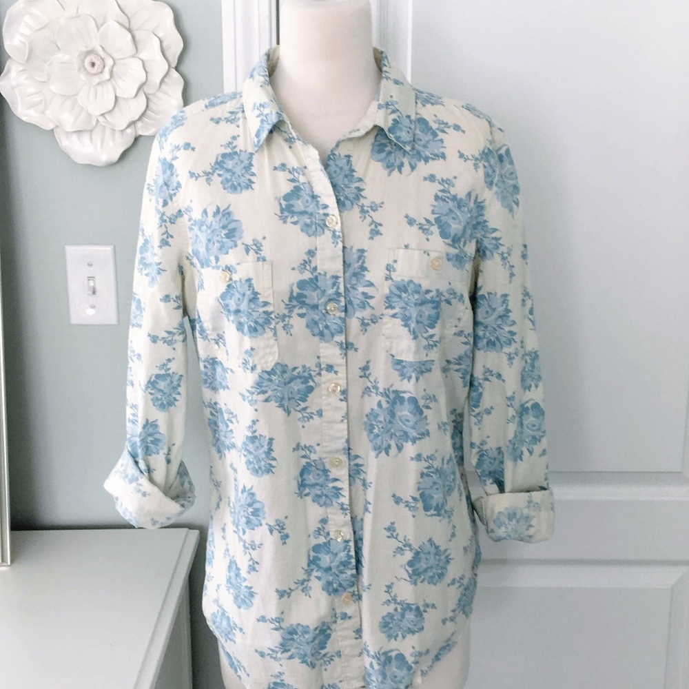 Blue/White Floral Denim Style Button Down Shirt